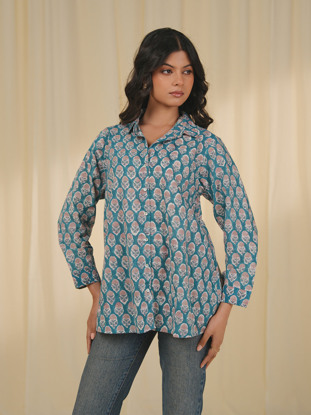 Teal Print Cotton Shirt