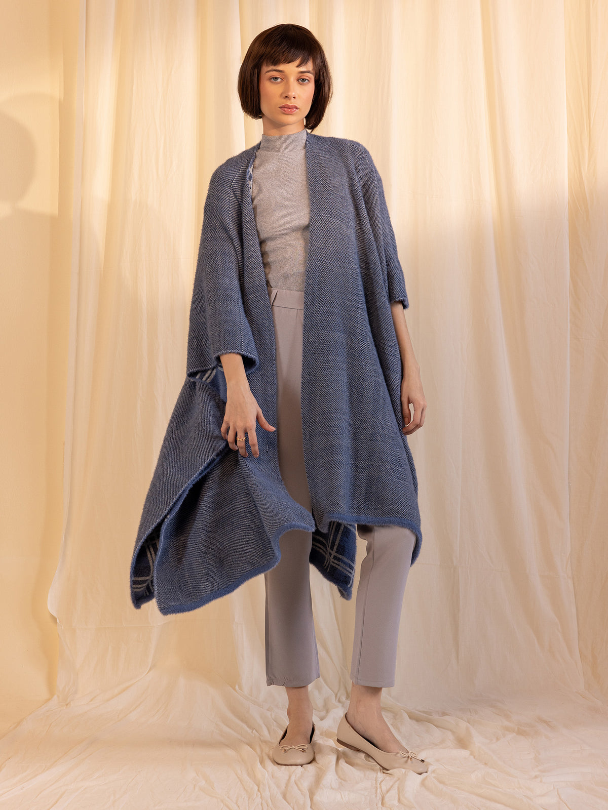 Woollen Reversible Check Cape Denim