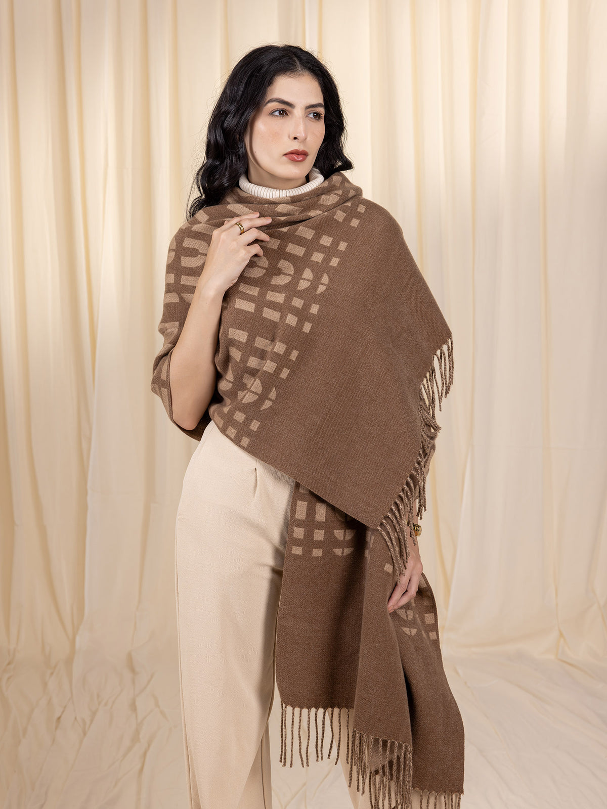 Woollen Reversible Loom Stole - Toffee