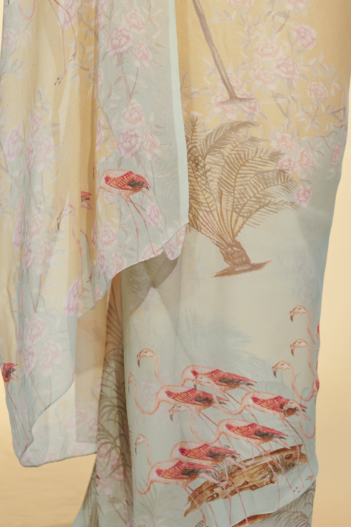 Enchanted Forest - Flamingo & Dates Chiffon Saree